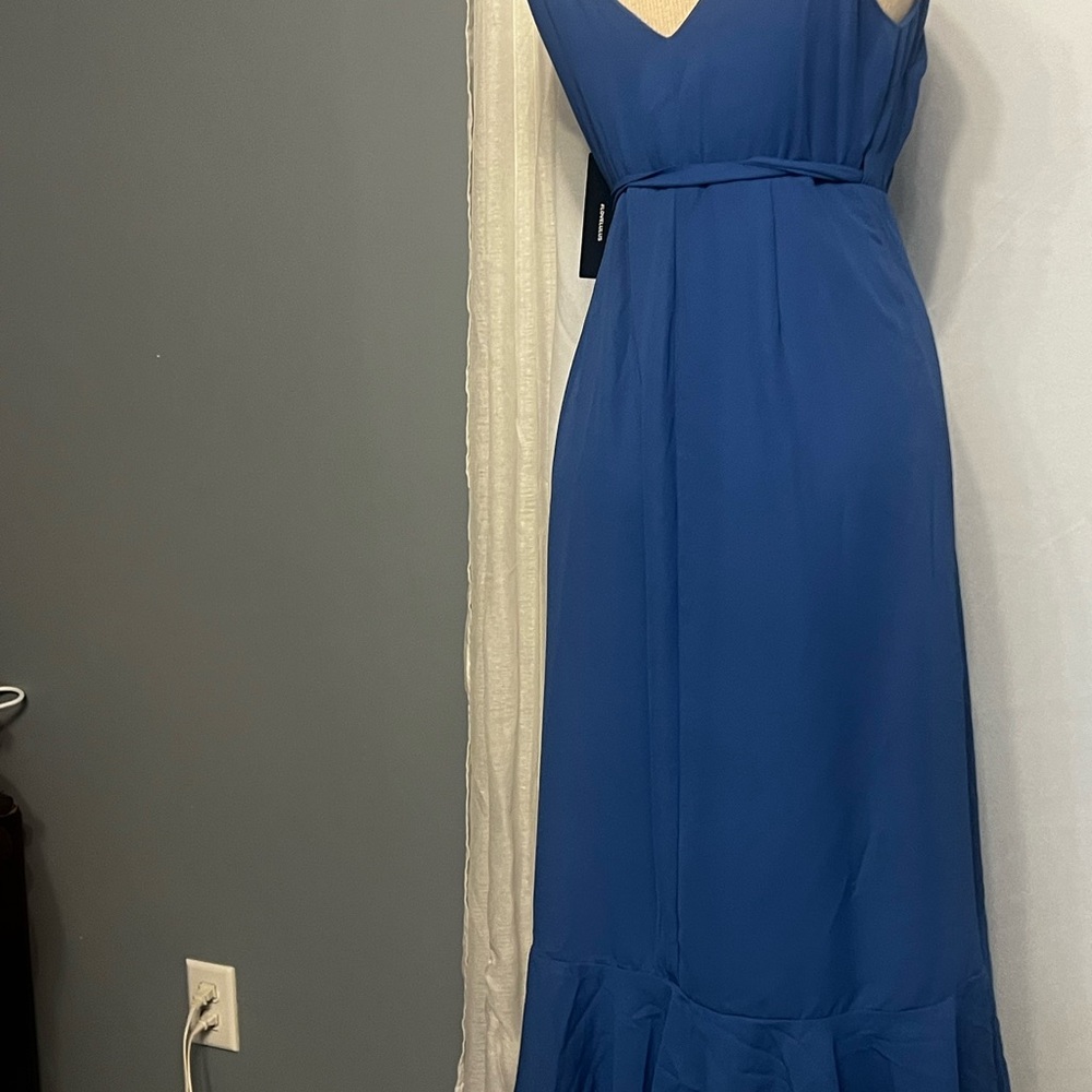 Lulus Manhattan Moment Ruffled Midi Wrap Dress Size S Blue Straps Sleeveless nwt - Picture 5 of 14